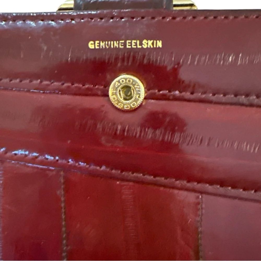Vintage Genuine Eelskin Wallet Burgundy Red Tone Gold Frame Credit Card Wallet